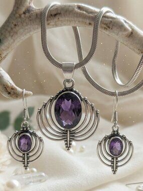 S925 Art Deco Bridgerton Genuine Amethyst Pendant Earring Set Snake Chain 16.5in